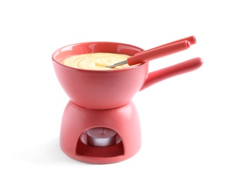 Photo of Pot with delicious cheese fondue and forks on white background