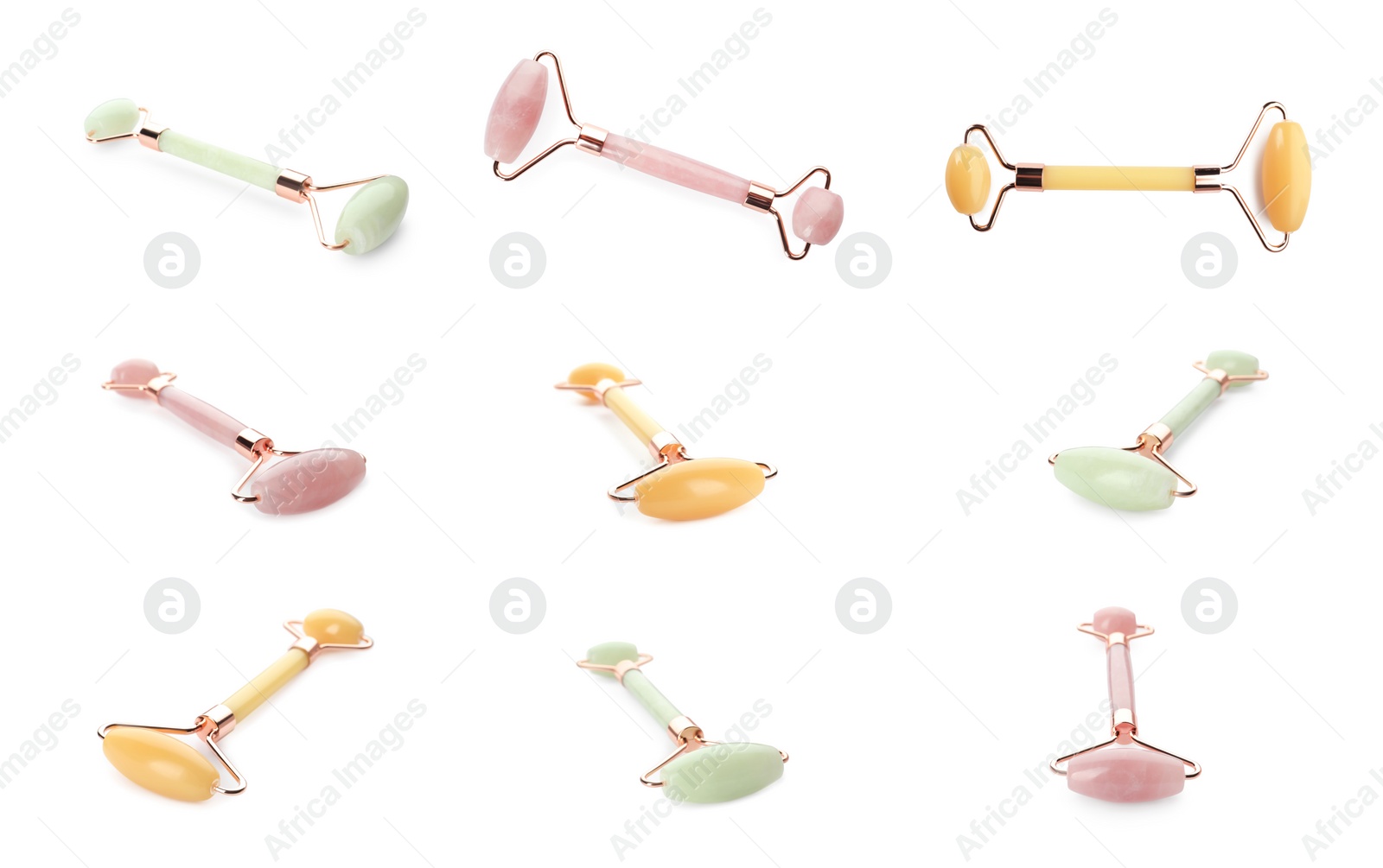 Image of Set with natural crystal face rollers on white background