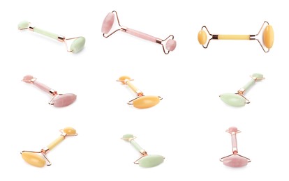 Image of Set with natural crystal face rollers on white background