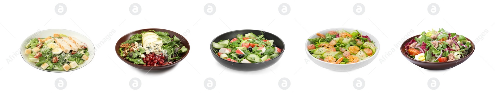 Image of Set with different tasty salads on white background. Banner design