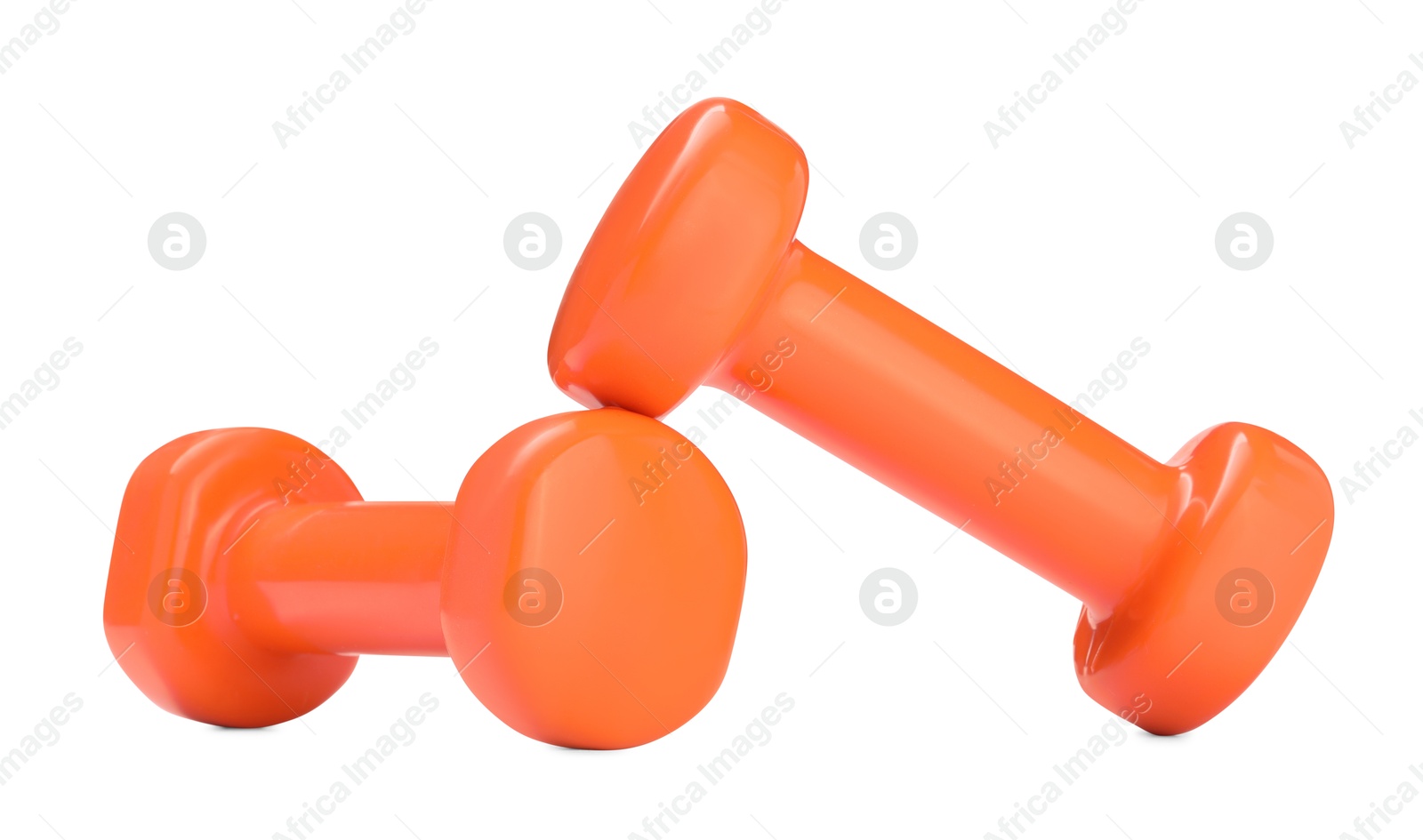 Photo of Orange dumbbells isolated on white. Sports equipment