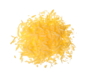 Photo of Pile of grated cheese on white background