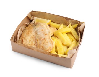 Photo of Delicious fish and chips in paper box isolated on white