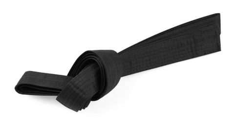 Photo of Black karate belt isolated on white. Martial arts uniform