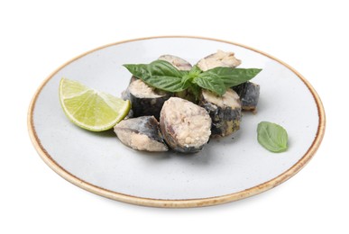 Photo of Plate with canned mackerel chunks, lime and basil isolated on white