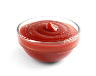 Delicious tomato sauce in bowl on white background