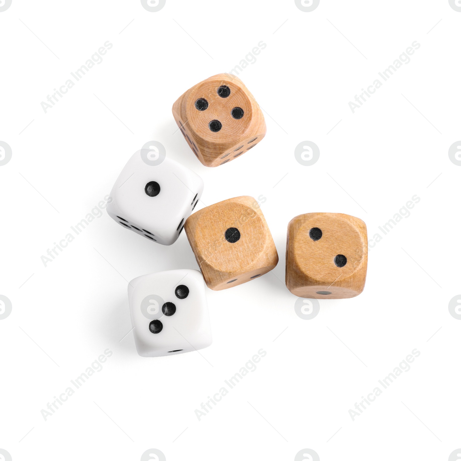 Photo of Many dices isolated on white, top view