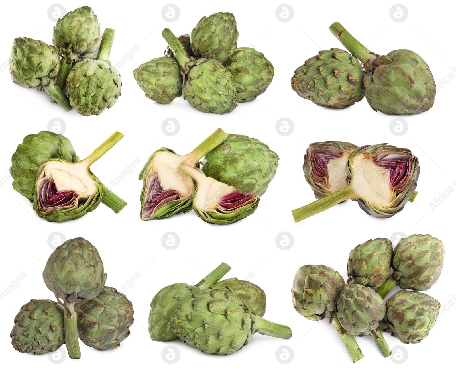 Image of Set with fresh raw artichokes on white background 