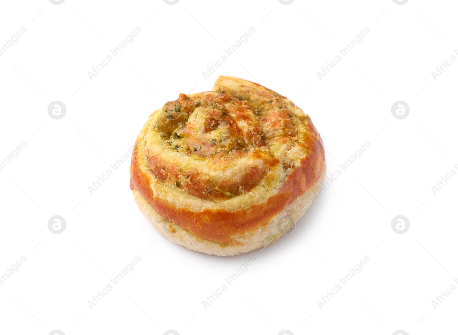 Photo of Fresh delicious puff pastry with tasty filling on white background