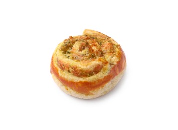 Photo of Fresh delicious puff pastry with tasty filling on white background