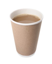 Photo of Paper cup with hot drink isolated on white. Coffee to go