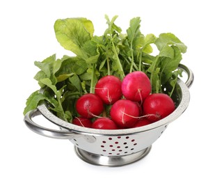 Photo of Metal colander with fresh radishes isolated on white