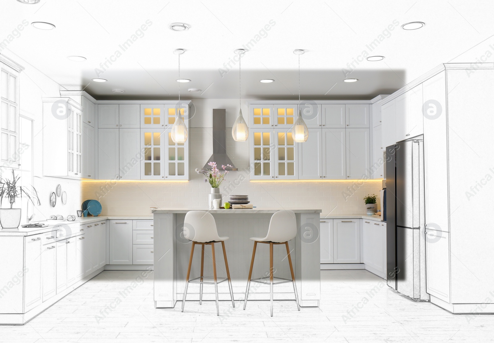 Image of Modern kitchen with stylish white furniture. Illustrated interior design