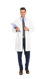 Full length portrait of medical doctor with clipboard isolated on white