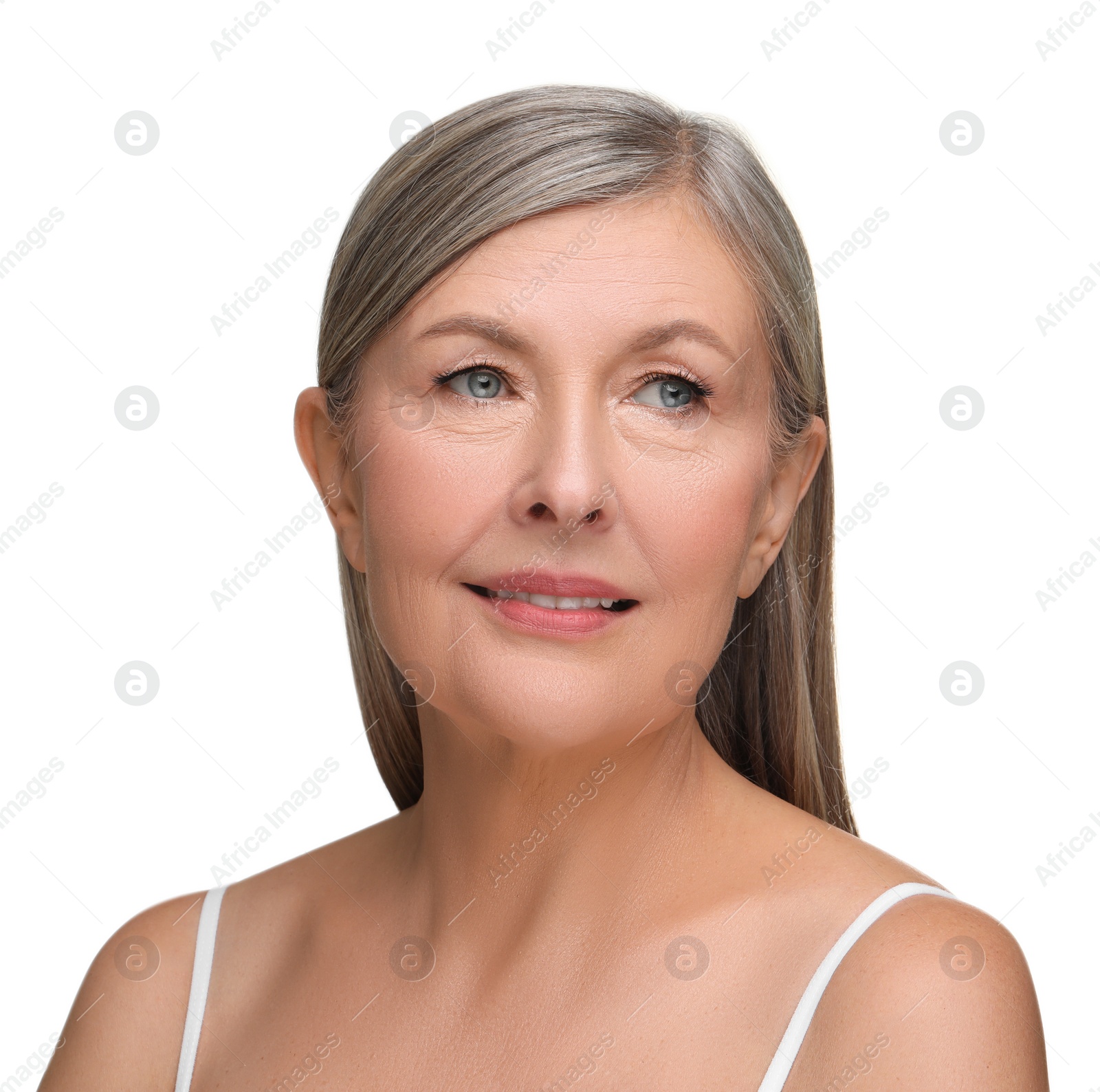 Photo of Beautiful mature woman with healthy skin on white background