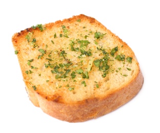 Photo of Slice of bread with garlic and herbs on white background