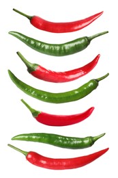Image of Set with red and green hot chili peppers on white background. Vertical banner design
