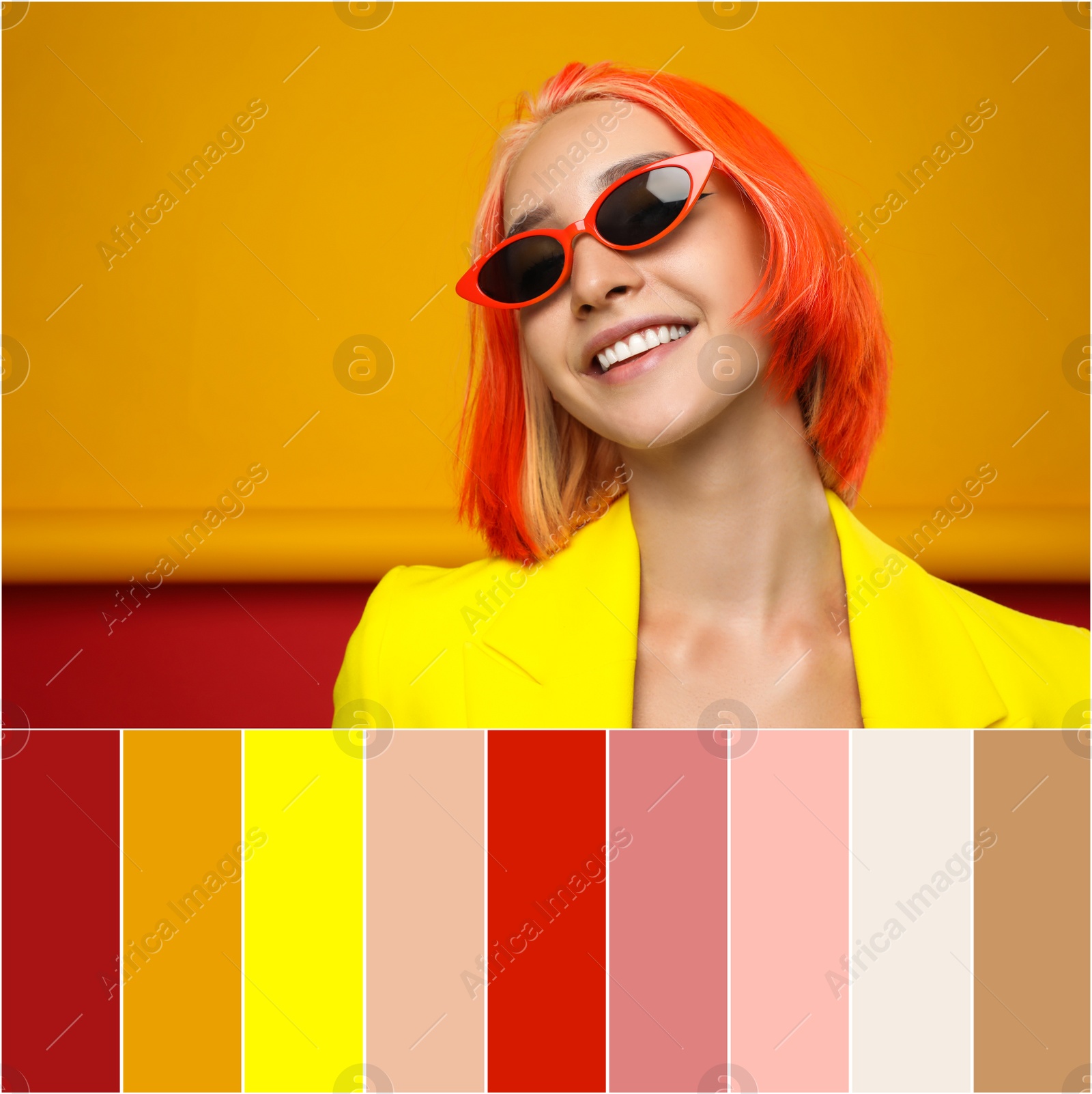 Image of Color palette and beautiful young woman with bright dyed hair