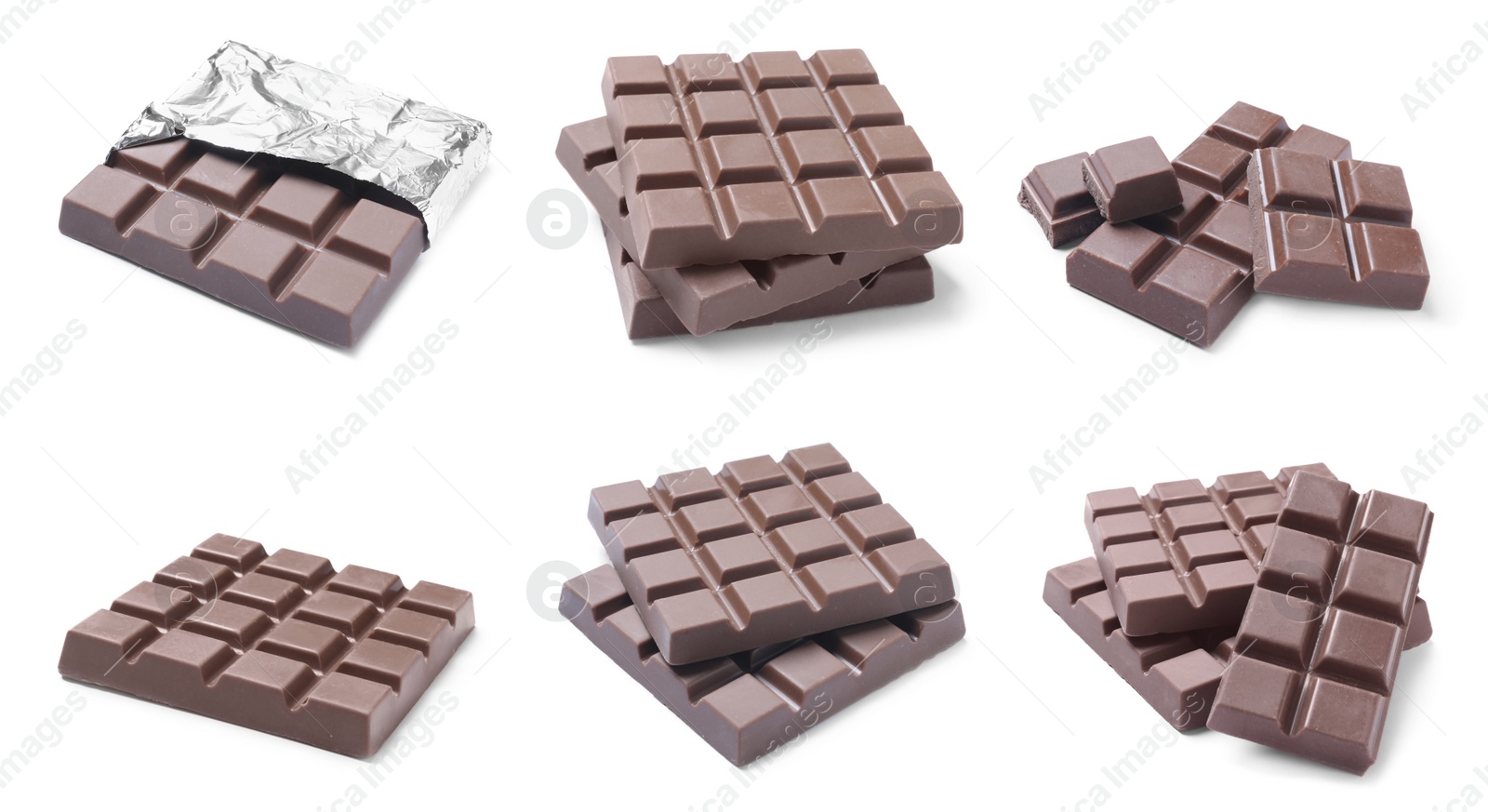 Image of Set with delicious chocolate bars on white background