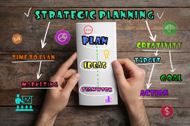 Image of Strategic planning concept. Scheme and woman with brochure on background, top view