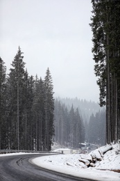 Beautiful landscape with conifer forest and road on snowy winter day