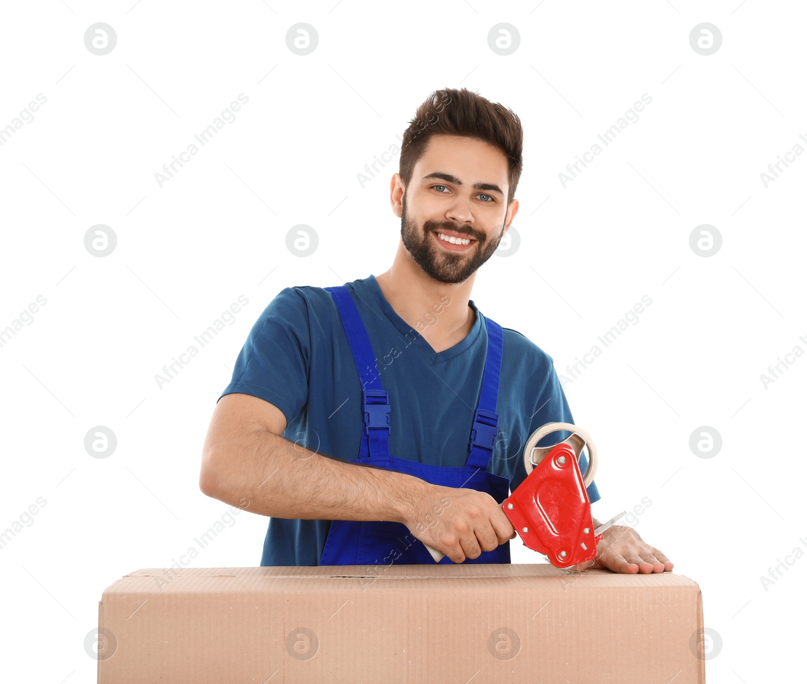 Photo of Young worker packing box isolated on white. Moving service