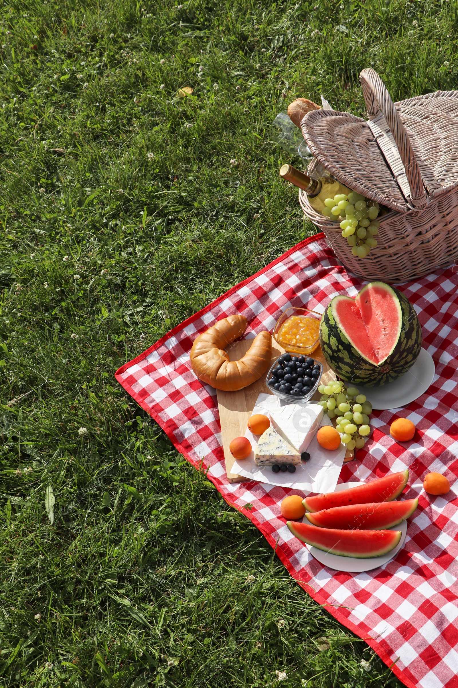 Photo of Picnic blanket with delicious food and wine outdoors on summer day, space for text