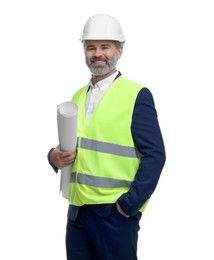 Photo of Architect in hard hat holding draft on white background