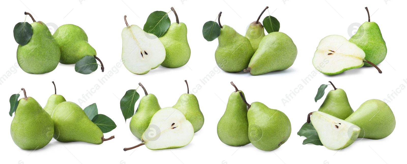 Image of Set with tasty ripe pears on white background. Banner design