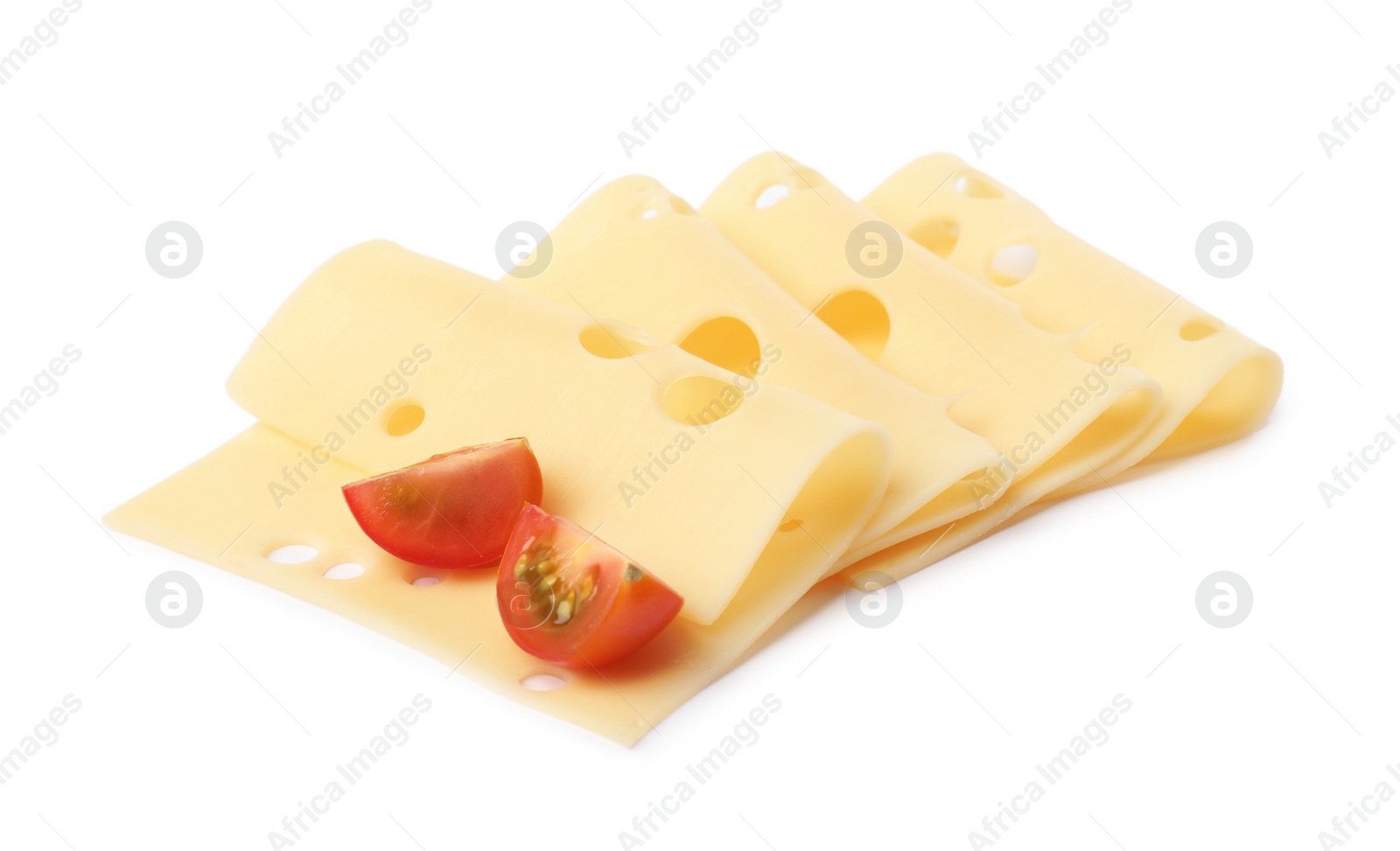 Photo of Slices of tasty fresh cheese and tomatoes isolated on white