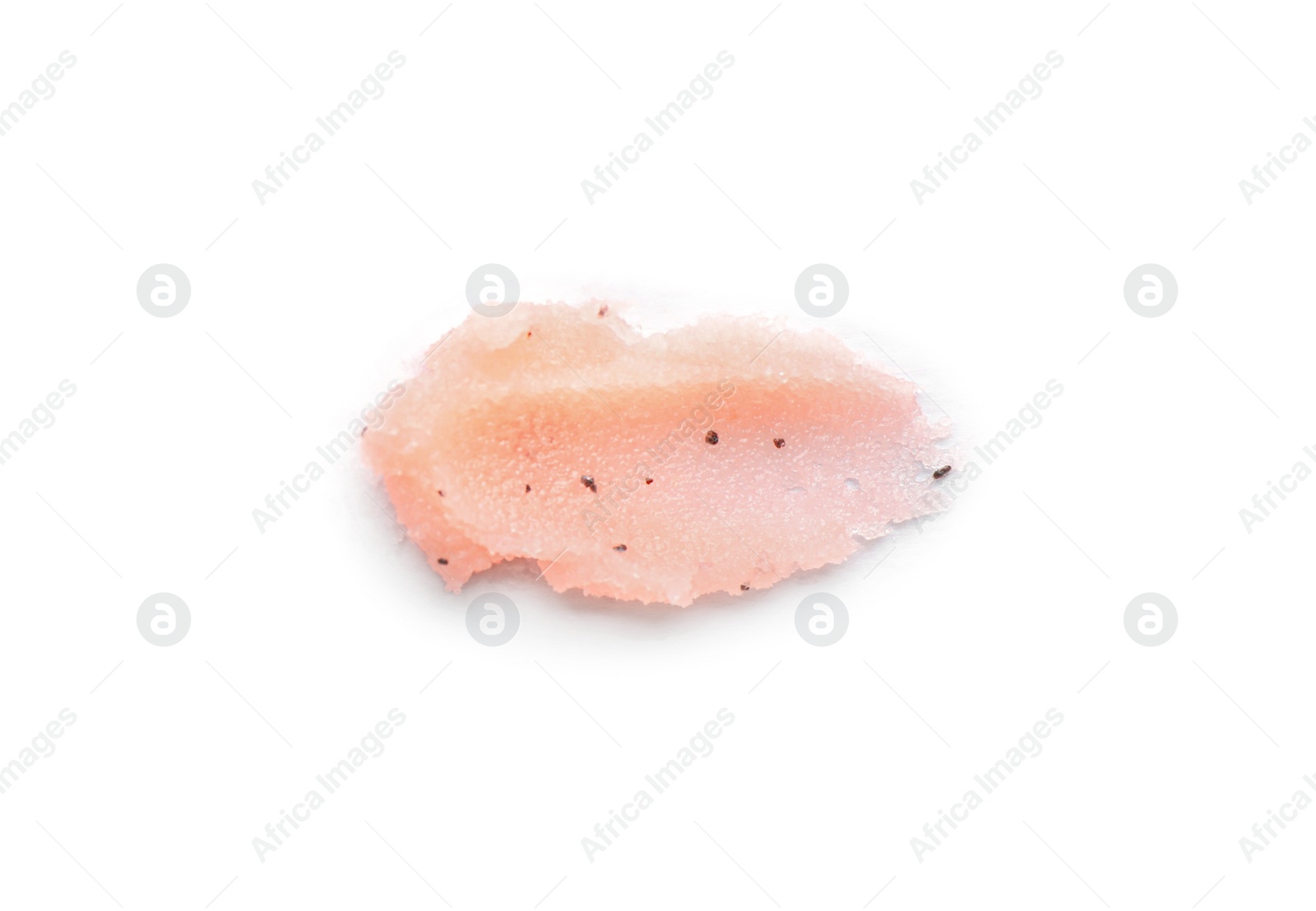 Photo of Smear of pink body scrub isolated on white, top view