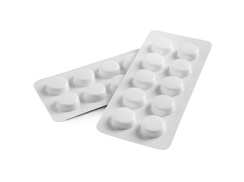 Photo of Blisters of pills on white background. Medicinal treatment