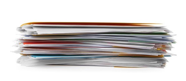 Stack of different files with documents on white background