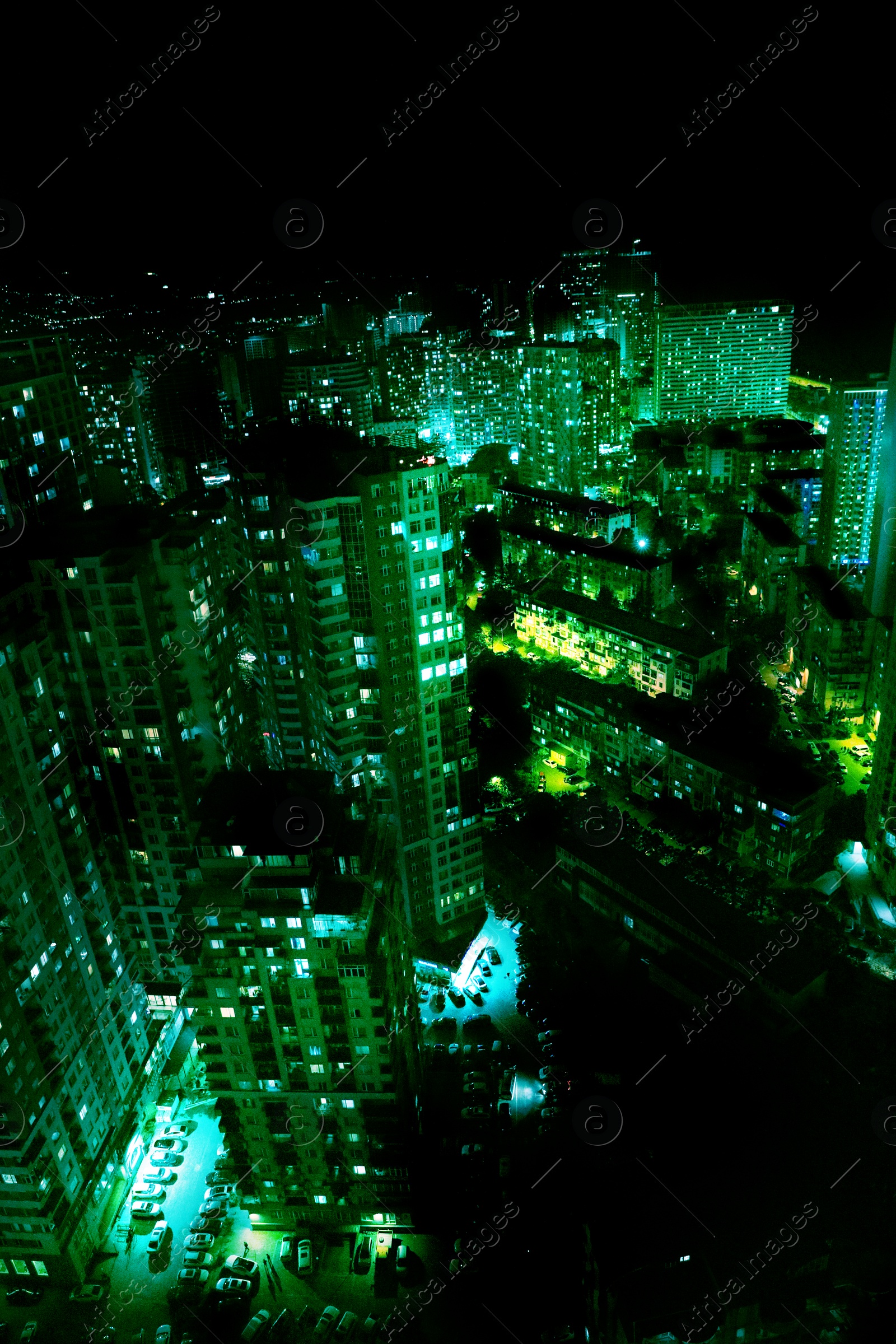 Image of Dark cityscape with beautiful neon lights. Modern metropolis