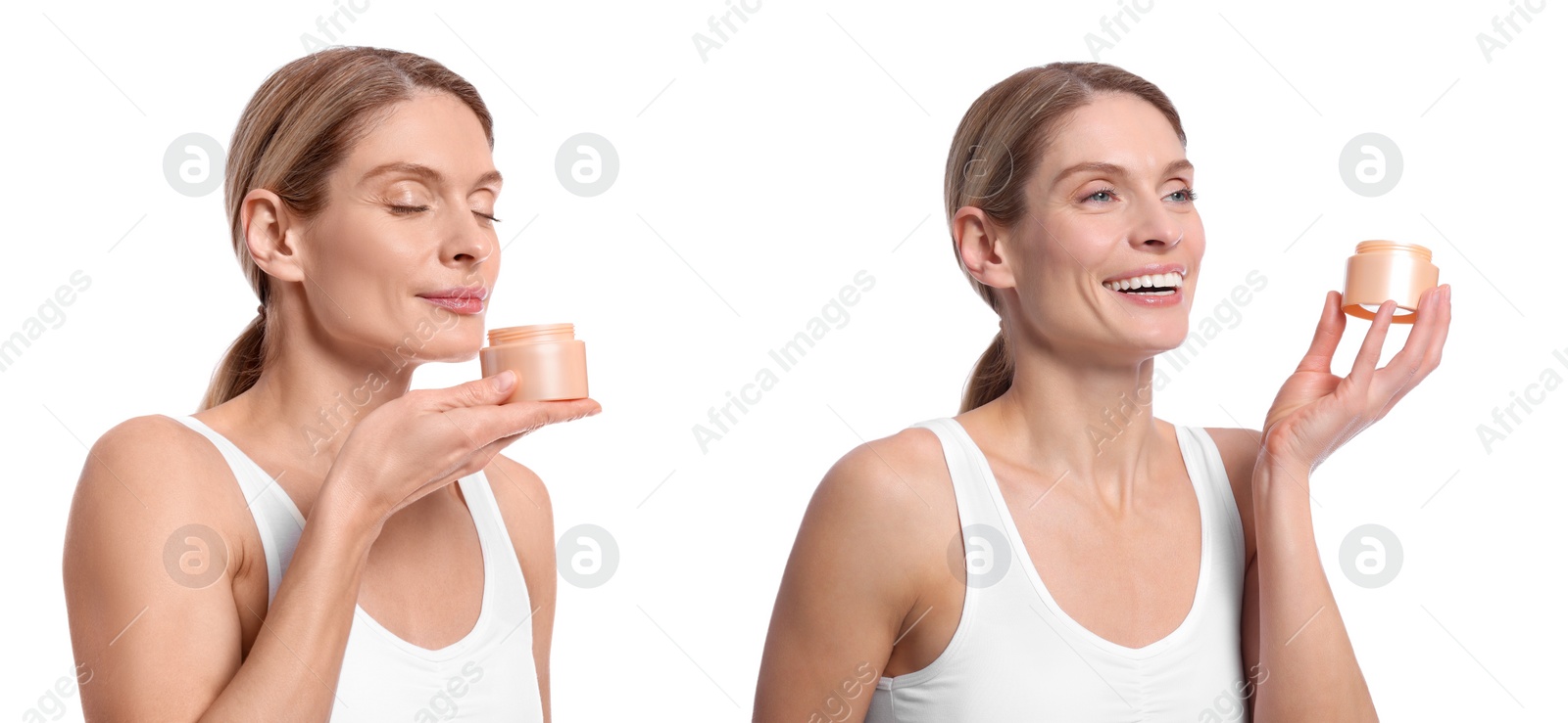 Image of Photos of woman holding jar with body cream on white background, collage design