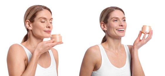 Image of Photos of woman holding jar with body cream on white background, collage design