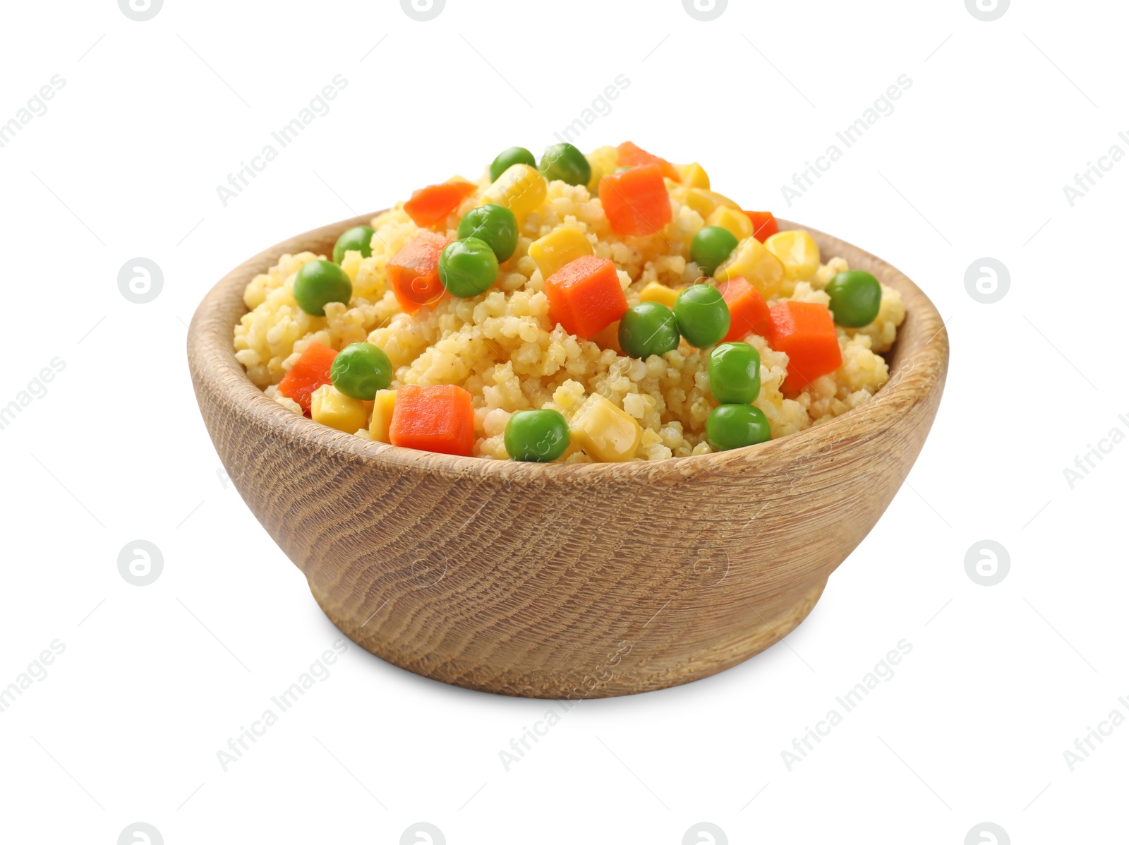 Photo of Tasty millet porridge with vegetables in bowl isolated on white