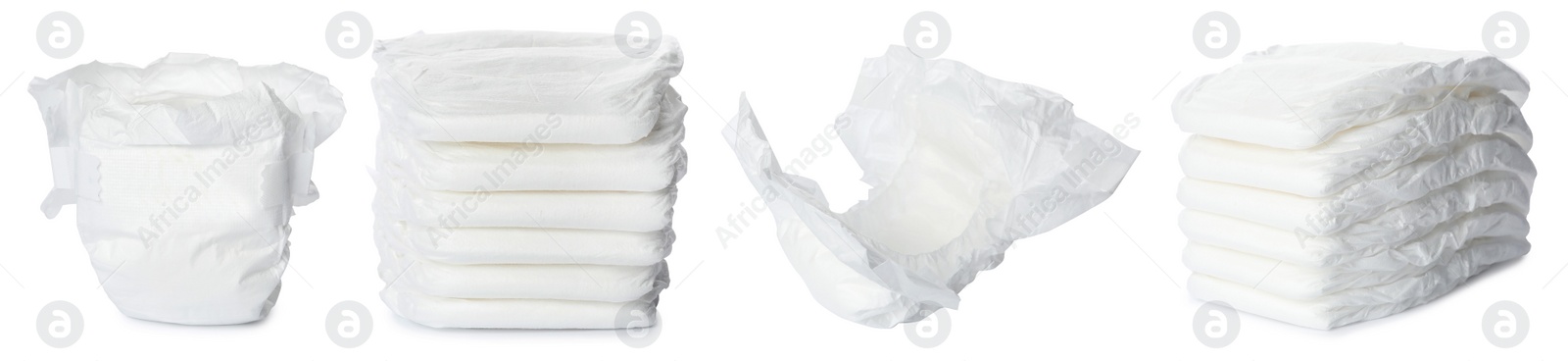 Image of Set of baby diapers on white background. Banner design