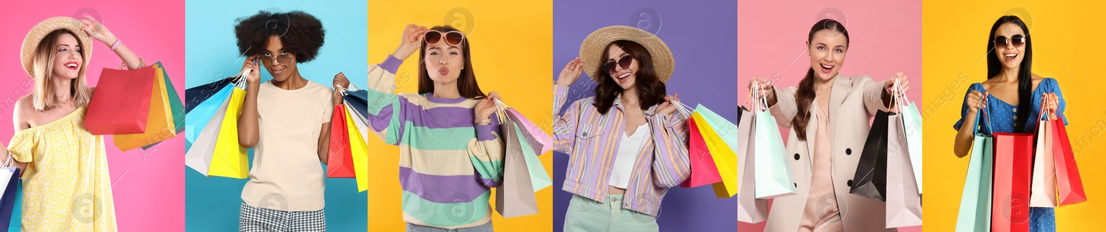 Image of Happy women with shopping bags on different color backgrounds, collage design