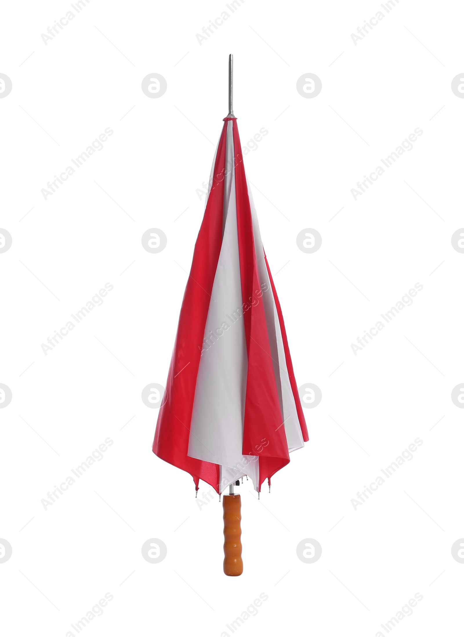 Photo of One closed colorful umbrella isolated on white