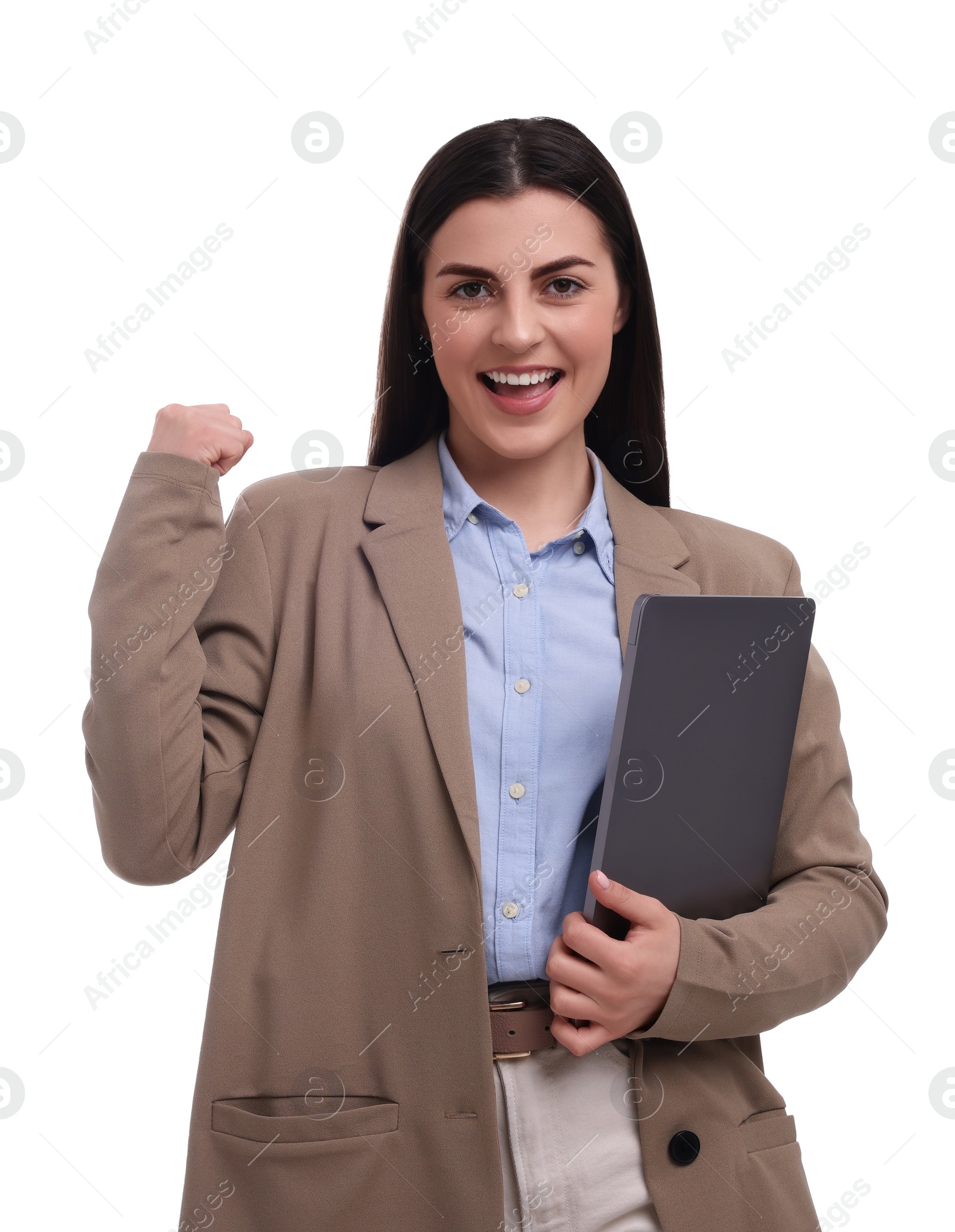 Photo of Beautiful happy businesswoman with laptop on white background