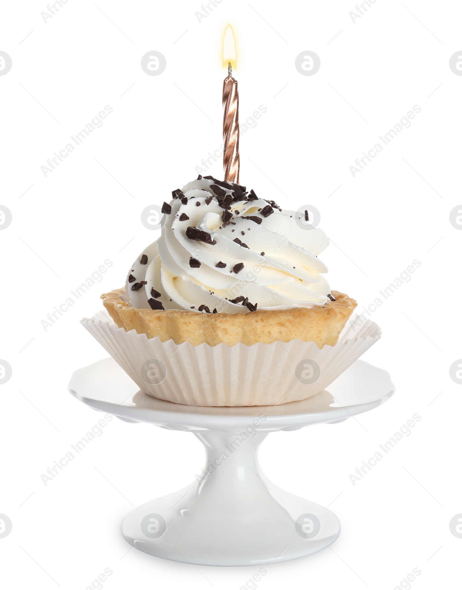 Photo of Delicious birthday cupcake with candle on white background