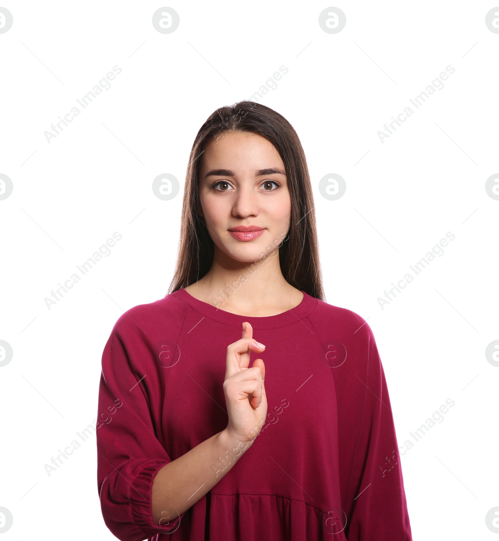 Photo of Woman using sign language on white background