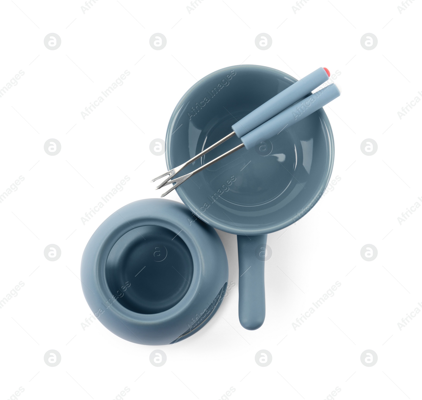 Photo of Fondue set isolated on white, top view