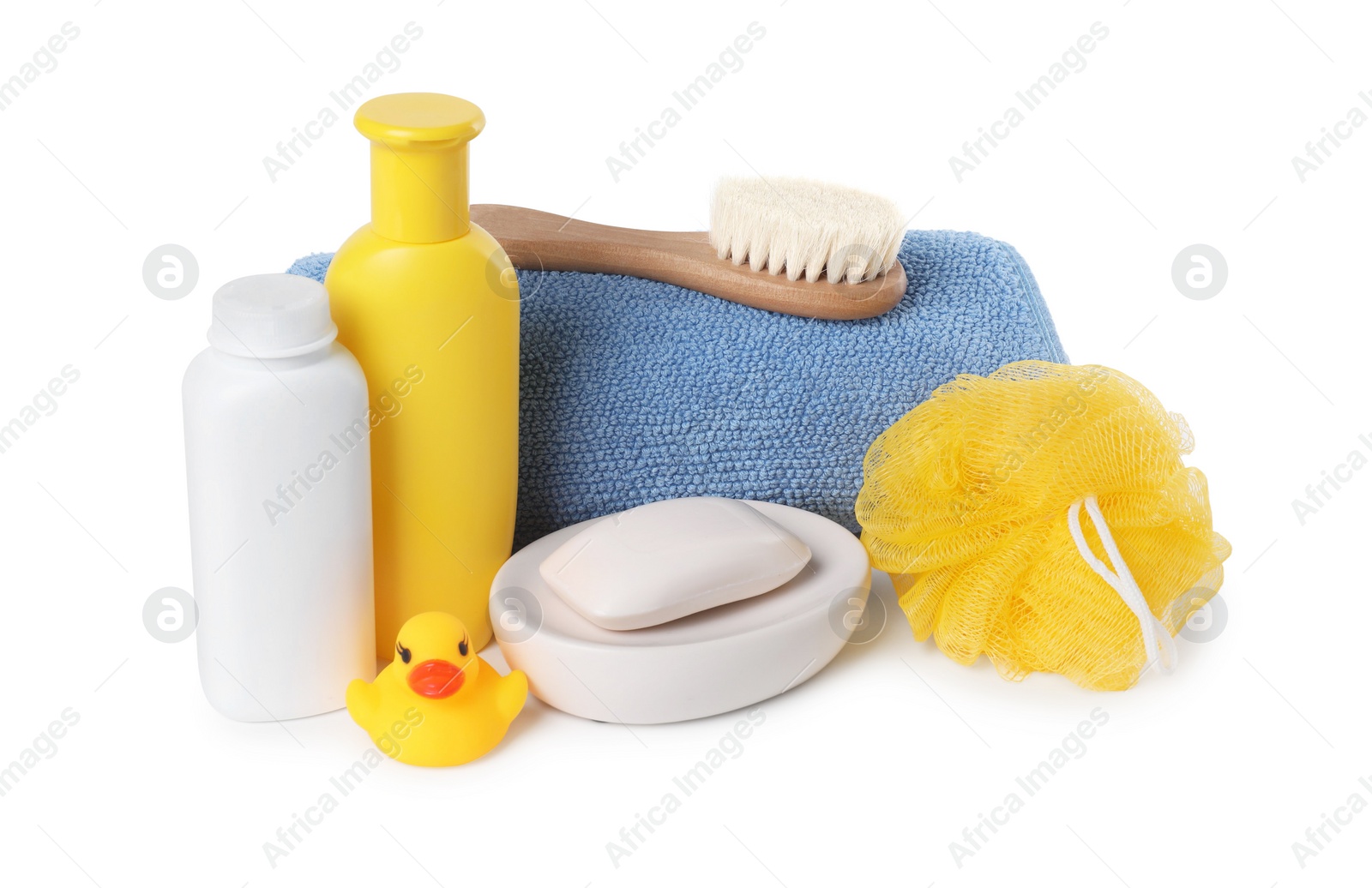 Photo of Baby cosmetic products, bath duck, accessories and towel isolated on white