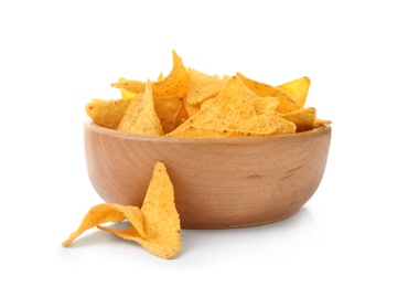 Photo of Wooden bowl of Mexican nachos chips on white background