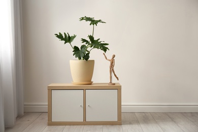 Tropical plant with green leaves and wooden human figure on cabinet indoors