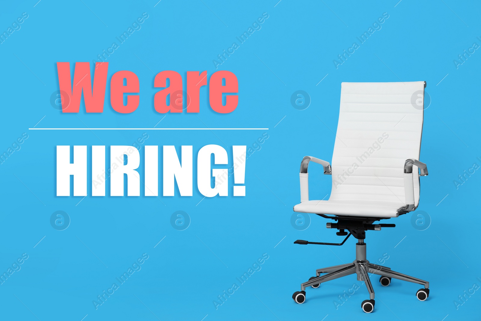 Image of We`re hiring! White office chair on light blue background