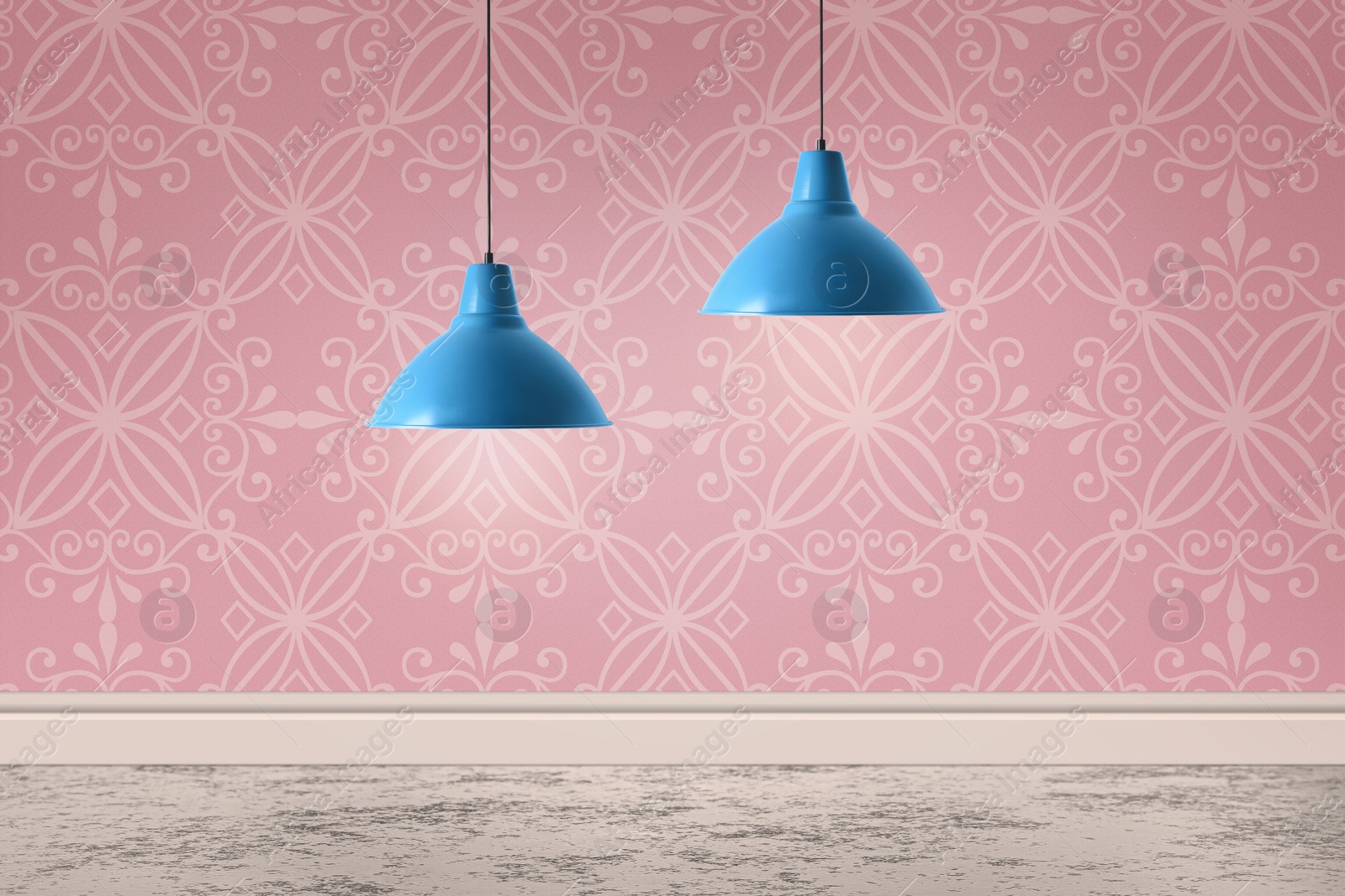 Image of Stylish pendant lamps hanging near pink wall in room