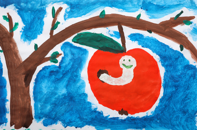 Child's painting of apple with worm on tree